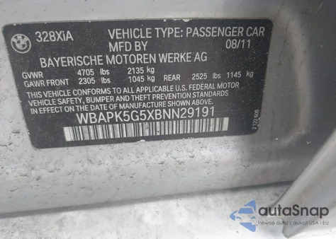 2011 BMW 328I xDrive из США, поврежденный, VIN WBAPK5G5XBNN29191